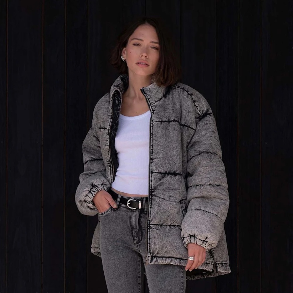 NWT Gray Denim Puffer Jacket